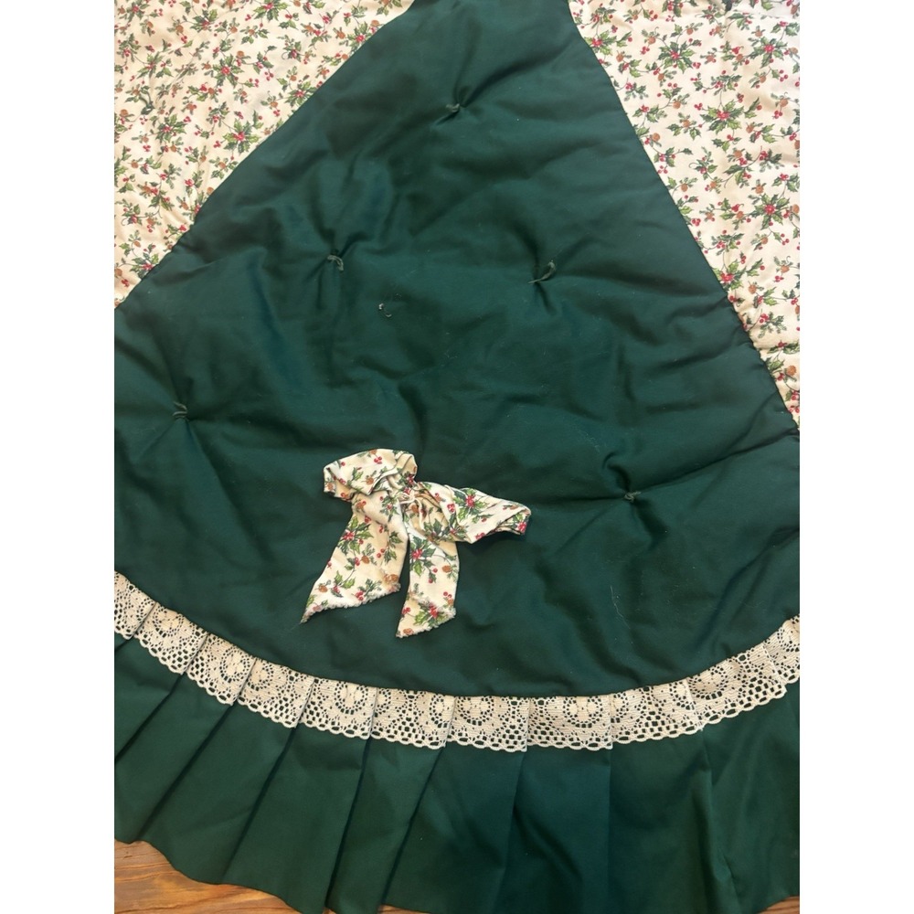 Christmas Tree Skirt Green 49" Machine & Hand Stitch Lace Homemade Vtg - Picture 4 of 7
